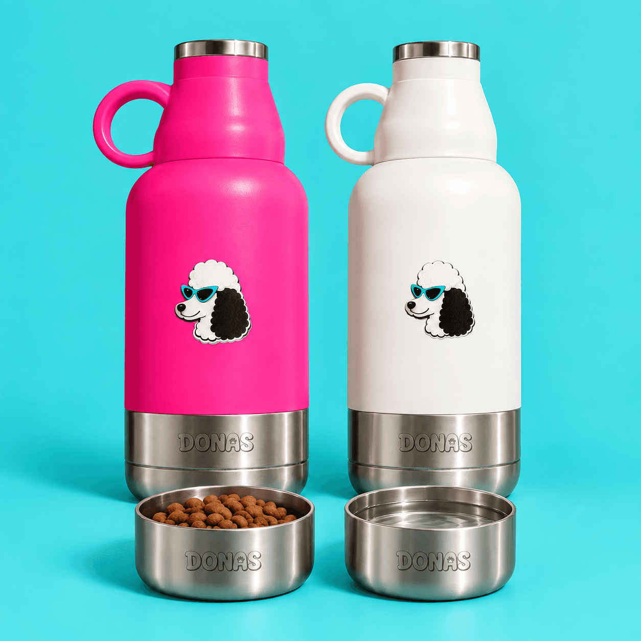 Duas garrafas térmicas Donas, rosa e branca, com tigelas para pets